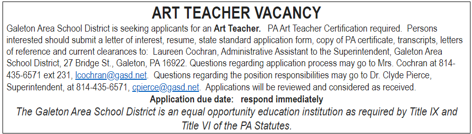 Art Teacher Vacancy Notice